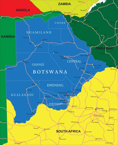 Mycket Detaljerad Vektorkarta Över Botswana Med Administrativa Regioner Större Städer — Stock vektor