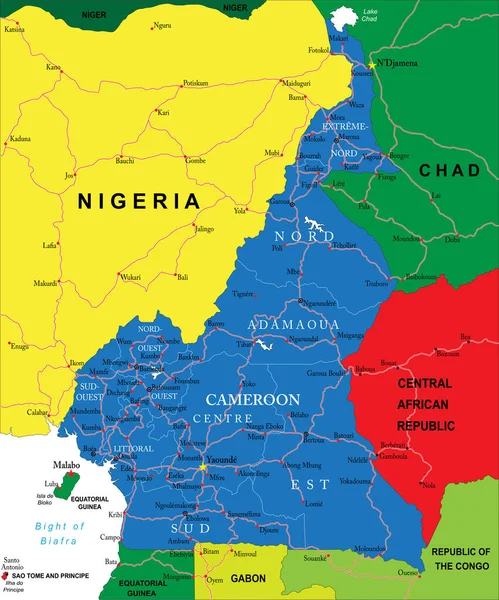 Carte Vectorielle Très Détaillée Cameroun Avec Les Régions Administratives Les — Image vectorielle