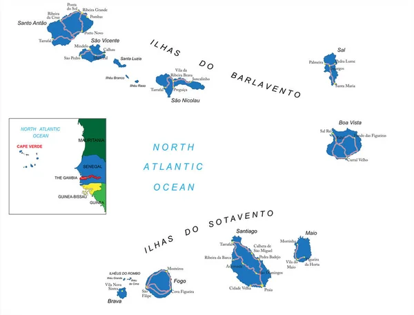 Cape Verde Adaları Idari Bölgeleri Ana Şehirleri Yolları Ile Son — Stok Vektör