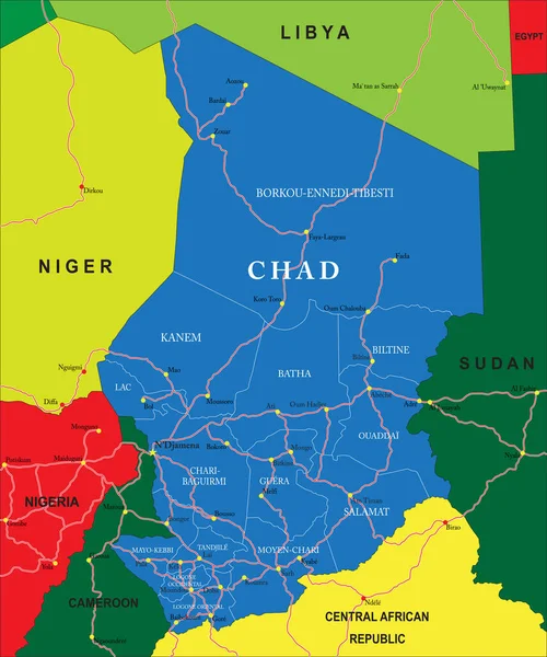 Vysoce Podrobná Vektorová Mapa Čadu Správními Regiony Hlavními Městy Silnicemi — Stockový vektor