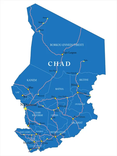 チャド行政区 主要都市や道路と非常に詳細なベクトルマップ — ストックベクタ