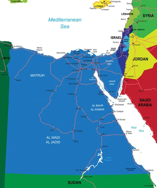 行政区 主要都市や道路とエジプトの非常に詳細なベクトルマップ — ストックベクタ