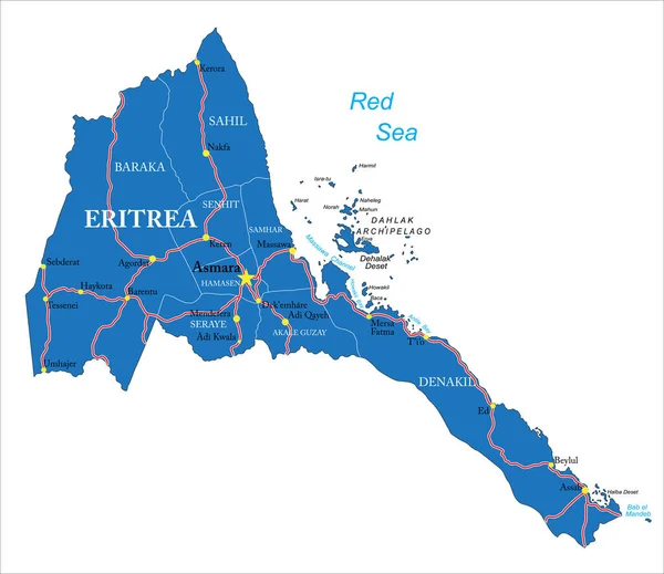 Eritrea Velmi Detailní Vektorová Mapa Administrativními Regiony Hlavními Městy Silnicemi — Stockový vektor
