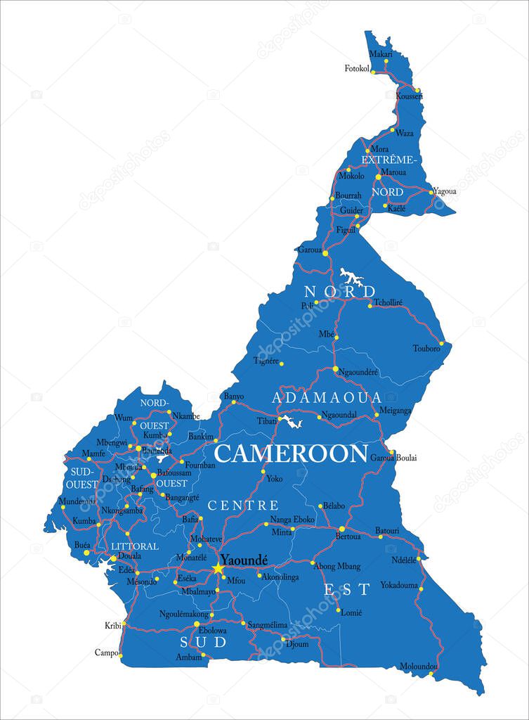 Cameroon highly detailed vector map with administrative regions, main cities and roads.