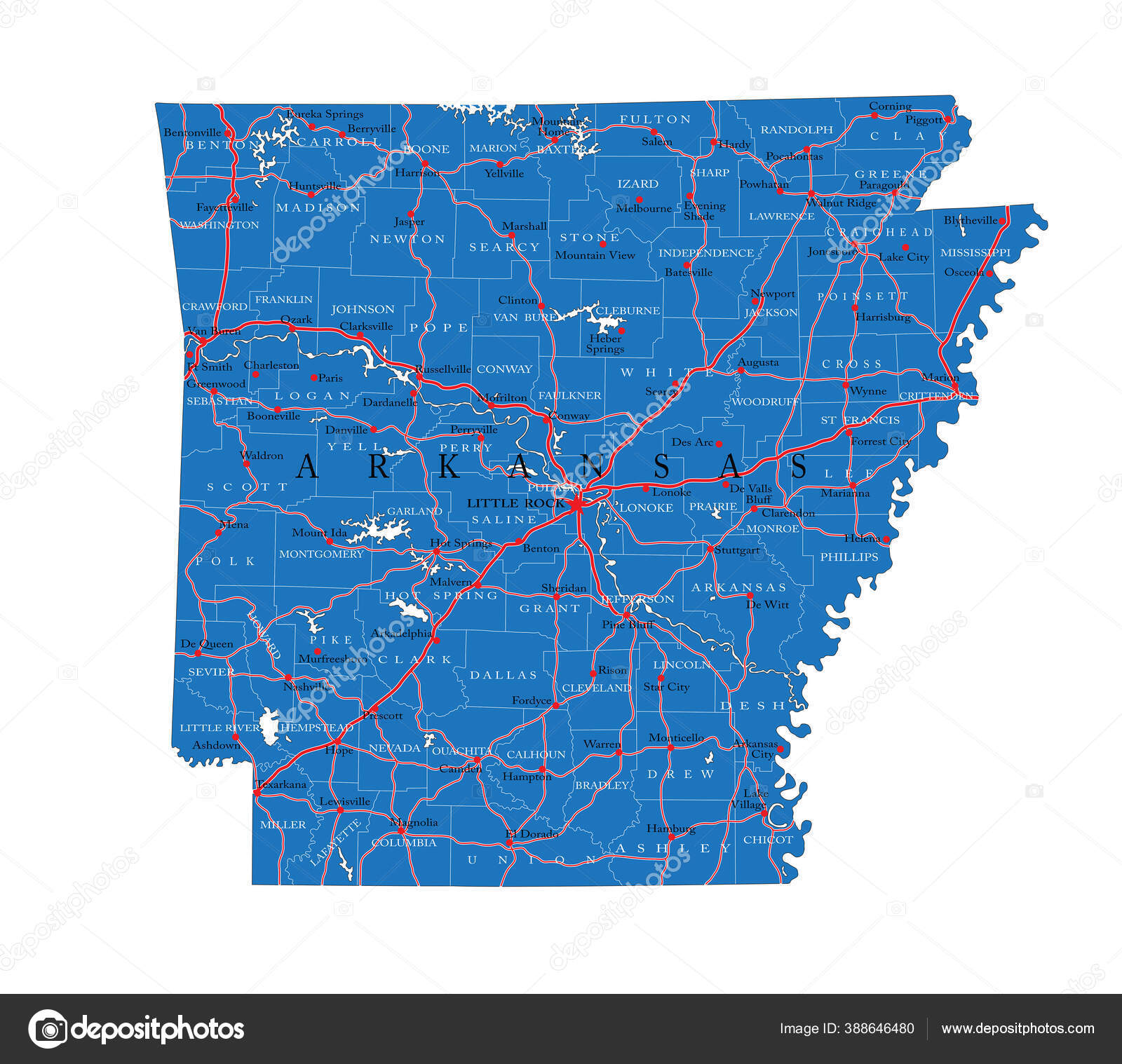 Detailed Map Arkansas State Vector Format County Borders Roads Major