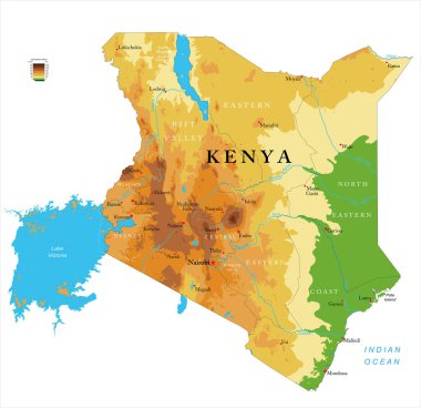 Kenya 'nın son derece detaylı fiziksel haritası, vektör formatında, tüm yardım formları, bölgeler ve büyük şehirlerle.