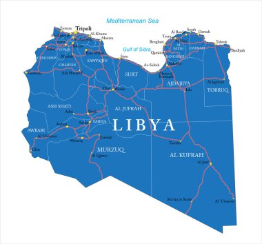 Libya idari bölgeler, büyük şehirler ve yollara sahip son derece ayrıntılı vektör haritası.
