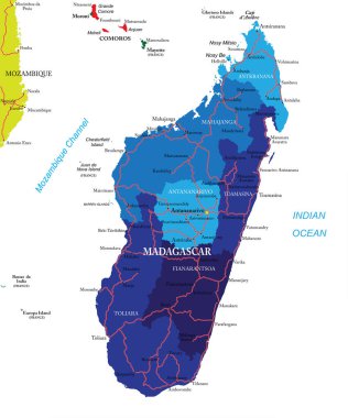 Madagaskar idari bölgeler, ana şehirler ve yollar ile son derece ayrıntılı vektör haritası.