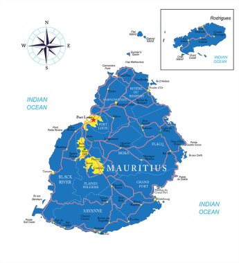 Mauritius idari bölgelere, ana şehirlere ve yollara sahip son derece detaylı vektör haritası.