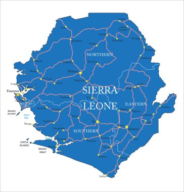 Sierra Leone idari bölgelere, ana şehirlere ve yollara sahip son derece detaylı vektör haritası.