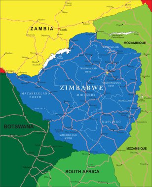 İdari bölgeleri, ana şehirleri ve yolları olan Zimbabwe 'nin son derece ayrıntılı vektör haritası.