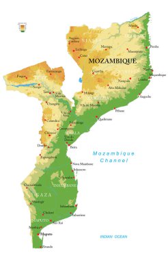 Mozambik 'in detaylı fiziksel haritası vektör formatında, tüm yardım formları, bölgeler ve büyük şehirlerle birlikte..