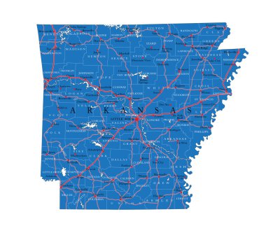Arkansas eyaletinin ayrıntılı haritası, vektör formatında, ilçe sınırları, yollar ve büyük şehirlerle