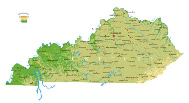 Kentucky 'nin detaylı fiziksel haritası vektör formatında, tüm yardım formları, bölgeler ve büyük şehirlerle birlikte..