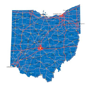 Ohio eyaletinin ayrıntılı haritası, vektör formatında, ilçe sınırları, yollar ve büyük şehirlerle