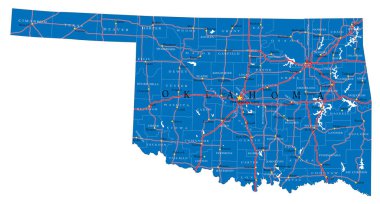 Oklahoma eyaletinin ayrıntılı haritası, vektör formatında, ilçe sınırları, yollar ve büyük şehirlerle.