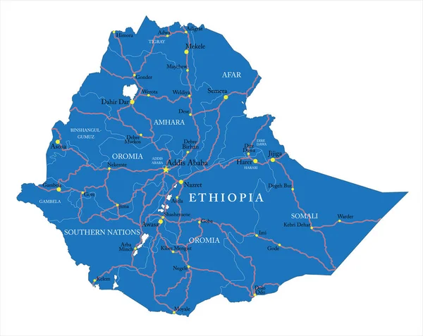 Etiopie Velmi Detailní Vektorová Mapa Správními Regiony Hlavními Městy Silnicemi — Stockový vektor