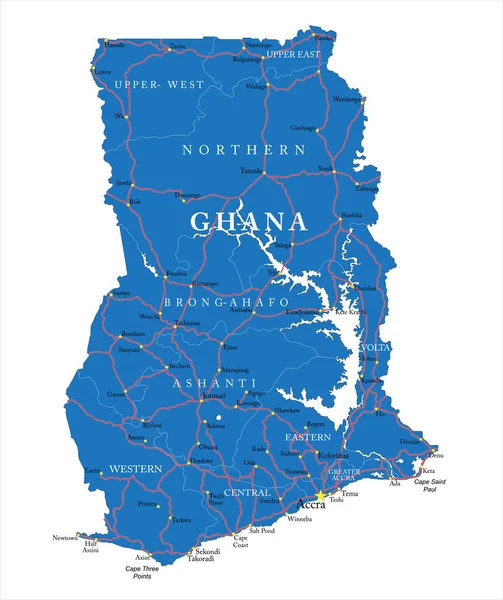 Гана Дуже Детальна Векторна Карта Адміністративними Регіонами Головними Містами Дорогами — стоковий вектор