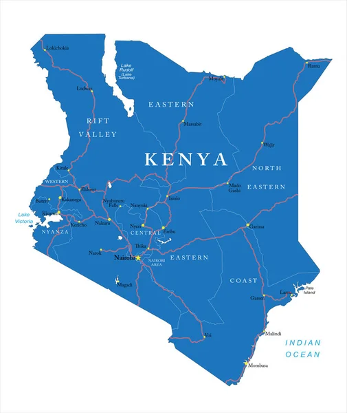 Carte Vectorielle Très Détaillée Kenya Avec Les Régions Administratives Les — Image vectorielle