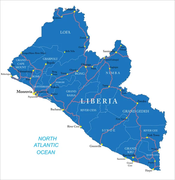 リベリア行政区 主要都市 道路と非常に詳細なベクトルマップ — ストックベクタ