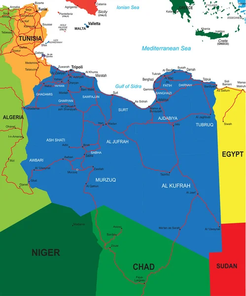 行政区 主要都市 道路とリビアの非常に詳細なベクトルマップ — ストックベクタ