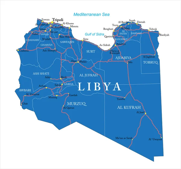 Libya idari bölgeler, büyük şehirler ve yollara sahip son derece ayrıntılı vektör haritası.