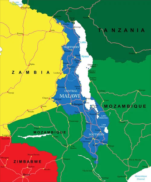 Mappa Vettoriale Altamente Dettagliata Del Malawi Con Regioni Amministrative Principali — Vettoriale Stock