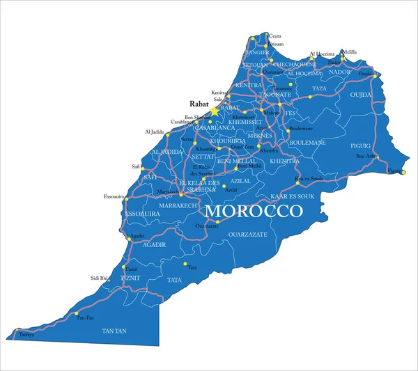 Marruecos Mapa Vectorial Altamente Detallado Con Regiones Administrativas Principales Ciudades — Vector de stock