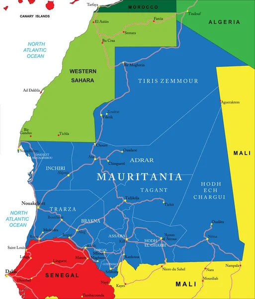 Mycket Detaljerad Vektorkarta Över Mauretanien Med Administrativa Regioner Större Städer — Stock vektor