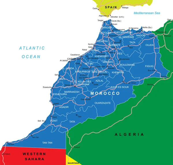 Marokkó Rendkívül Részletes Vektortérképe Közigazgatási Régiókkal Főbb Városokkal Utakkal — Stock Vector