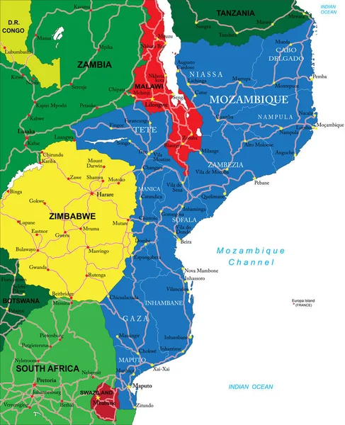 Mapa Vetorial Altamente Detalhado Moçambique Com Regiões Administrativas Principais Cidades — Vetor de Stock