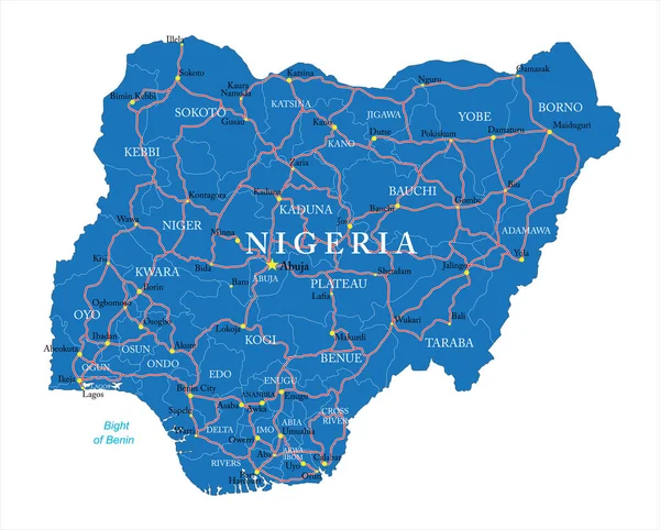 Нігерія Дуже Детальна Векторна Карта Адміністративними Регіонами Головними Містами Дорогами — стоковий вектор