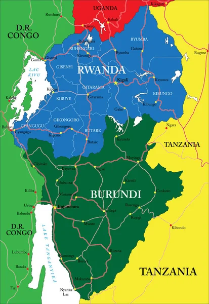 Vysoce Podrobná Vektorová Mapa Rwandy Správními Regiony Hlavními Městy Silnicemi — Stockový vektor