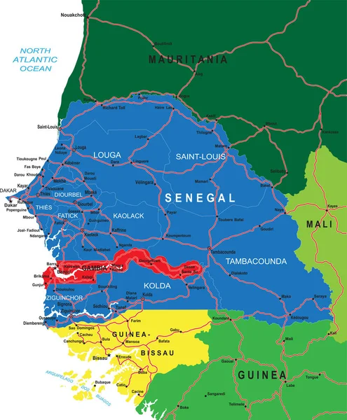 Senegal Mycket Detaljerad Vektorkarta Med Administrativa Regioner Större Städer Och — Stock vektor