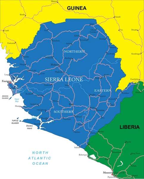 Mycket Detaljerad Vektorkarta Över Sierra Leone Med Administrativa Regioner Större — Stock vektor
