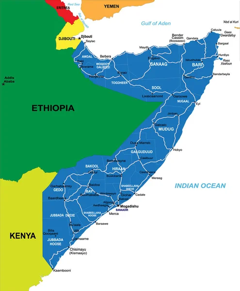 Sehr Detaillierte Vektorkarte Von Somalia Mit Verwaltungsregionen Hauptstädten Und Straßen — Stockvektor