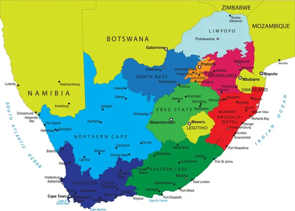Mapa Vetorial Altamente Detalhado África Sul Com Regiões Administrativas Principais — Vetor de Stock