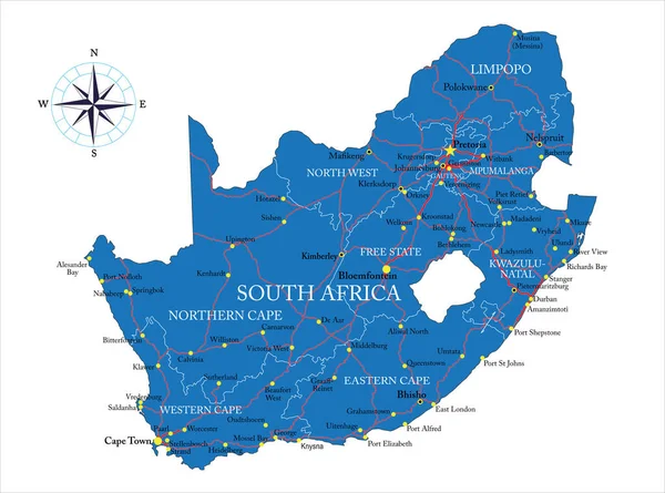 África Sul Mapa Vetorial Altamente Detalhado Com Regiões Administrativas Principais — Vetor de Stock