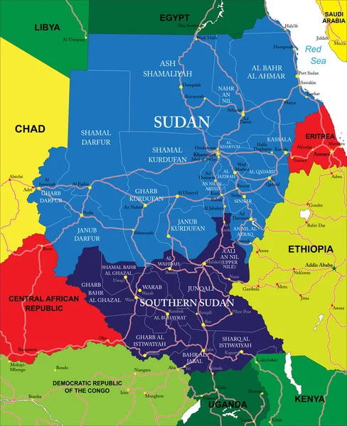 Sudan Mappa Vettoriale Altamente Dettagliata Con Regioni Amministrative Principali Città — Vettoriale Stock