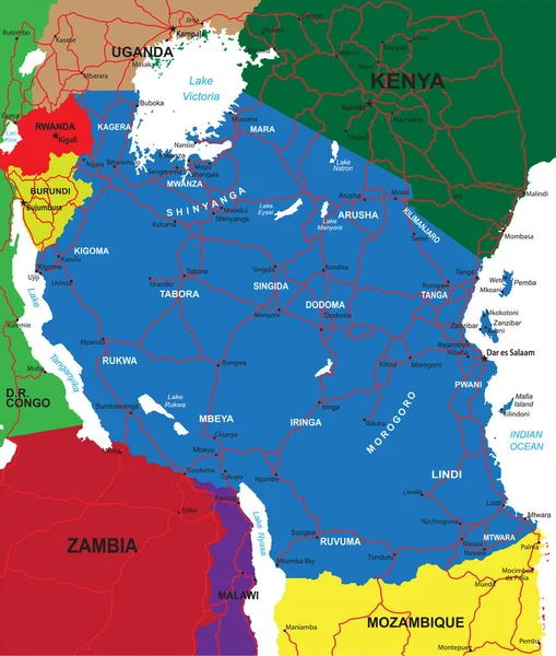 Mappa Vettoriale Dettagliata Della Tanzania Con Confini Nazionali Nomi Contea — Vettoriale Stock