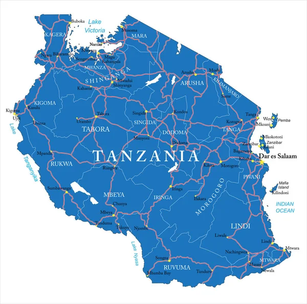 Tanzania Detaljerad Vektorkarta Med Landgränser Länsnamn Huvudvägar Och Mycket Detaljerad — Stock vektor