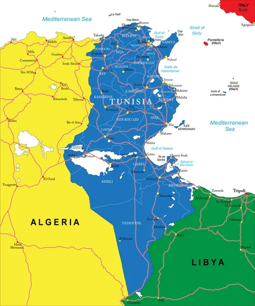 行政区 主要都市や道路とチュニジアの非常に詳細なベクトルマップ — ストックベクタ
