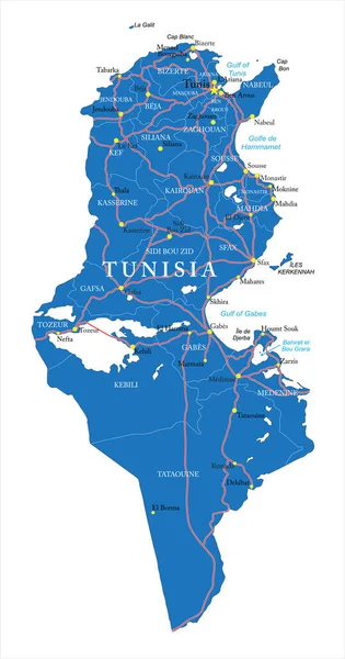 Tunézia Rendkívül Részletes Vektortérképe Közigazgatási Régiókkal Főbb Városokkal Utakkal — Stock Vector