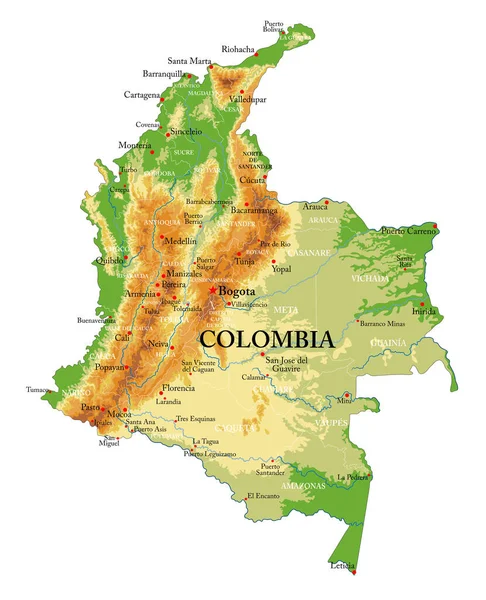Kolumbia Rendkívül Részletes Fizikai Térképe Vektorformátumban Összes Domborzati Formával Régióval — Stock Vector