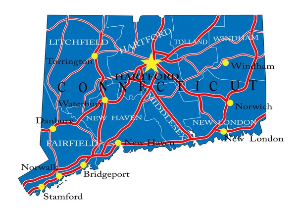 Podrobná Mapa Státu Connecticut Vektorovém Formátu Krajskými Hranicemi Silnicemi Významnými — Stockový vektor