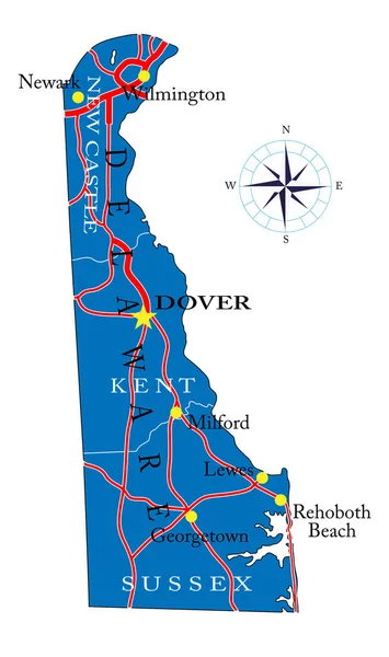 Podrobná Mapa Státu Delaware Vektorovém Formátu Krajskými Hranicemi Silnicemi Významnými — Stockový vektor