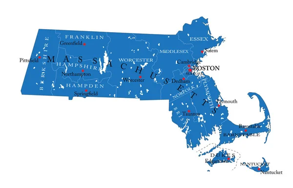 Podrobná Mapa Státu Massachusetts Vektorovém Formátu Krajskými Hranicemi Silnicemi Velkými — Stockový vektor