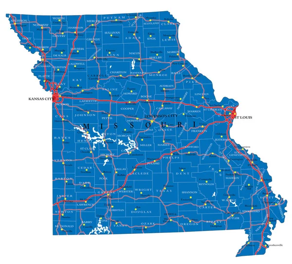 Mapa Detalhado Estado Missouri Formato Vetorial Com Fronteiras Condado Estradas —  Vetores de Stock