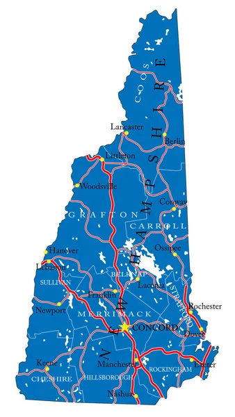 Podrobná Mapa Státu New Hampshire Vektorovém Formátu Krajskými Hranicemi Silnicemi — Stockový vektor