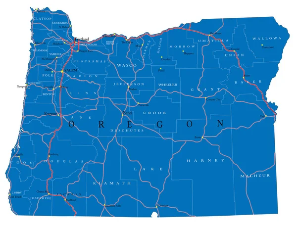 Podrobná Mapa Státu Oregon Vektorovém Formátu Krajskými Hranicemi Silnicemi Významnými — Stockový vektor